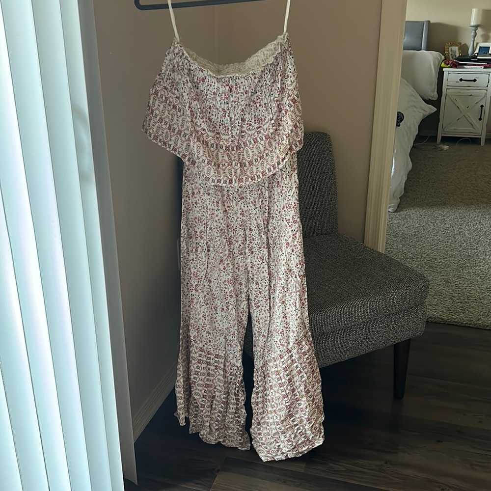 Strapless floral flared bottom jumpsuit